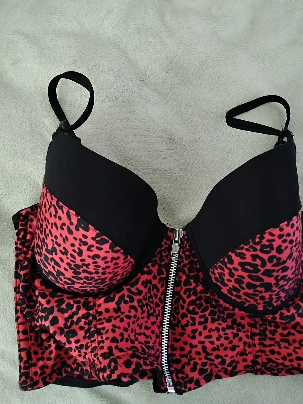 Hot Topic Black and Red Leopard Zip-Front Bustier Crop Top
